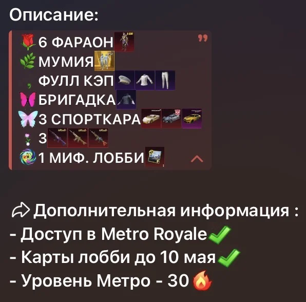 06 Аренда ❤️ Фараон 6 ур / Золотая мумия / 3 фулл вкаченных М416 / 3 спорткара / Фулл кэп / Бригадка